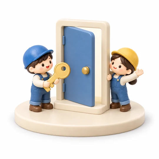 People welcoming visitors at an open door with a key
